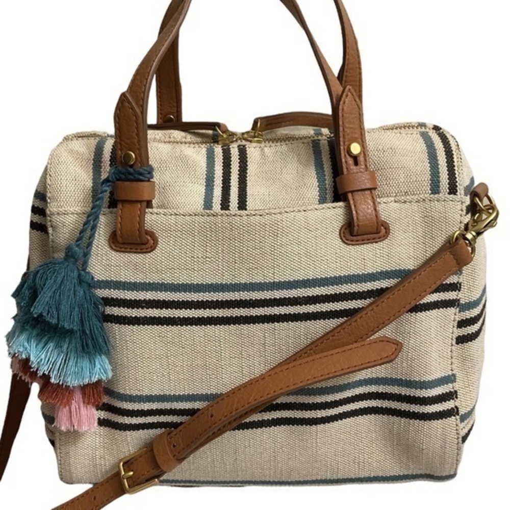 Fossil canvas leather striped barrel mini duffle satchel crossbody bag